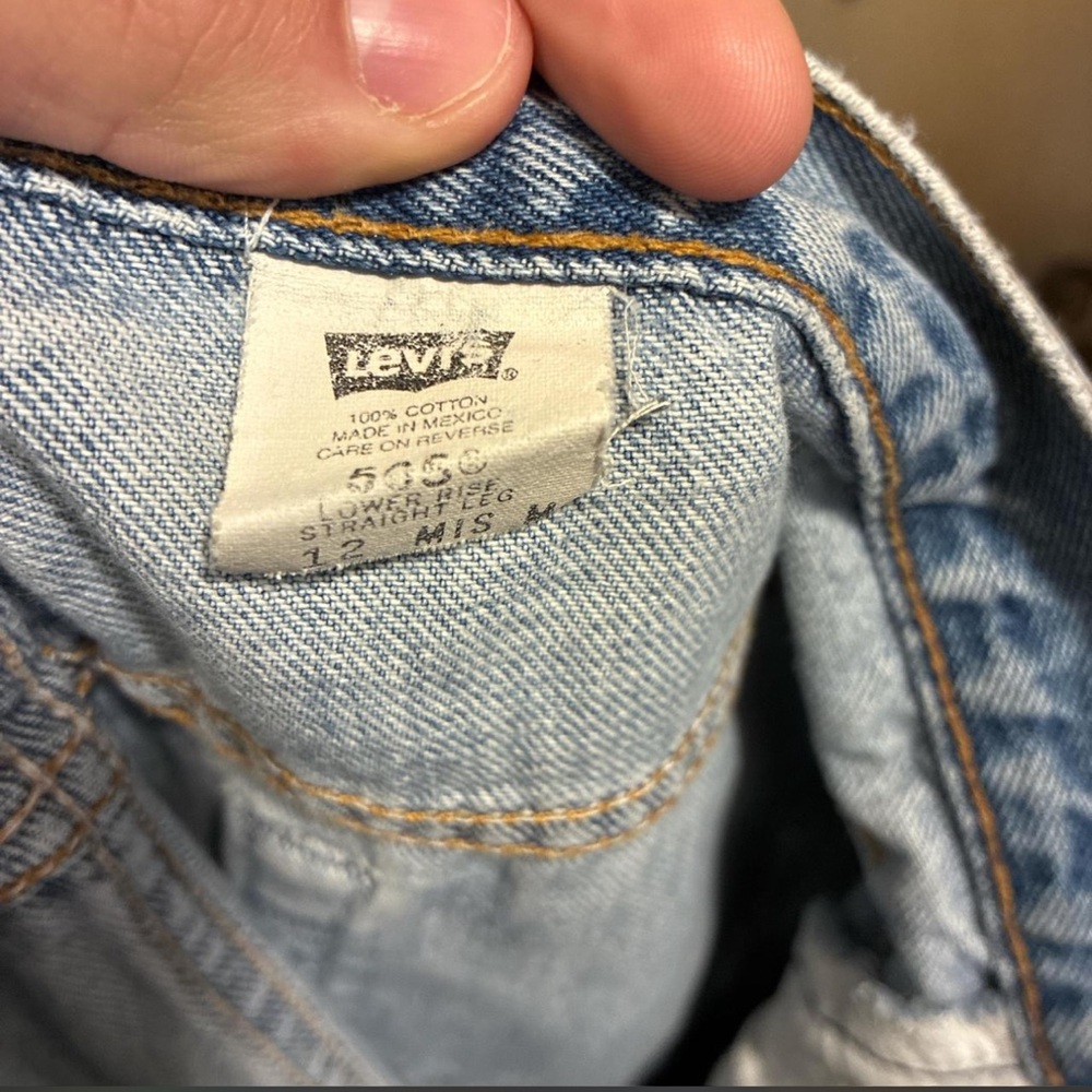 Custom Levi's Light Wash Straight Leg Jeans with Pink & Purple Patchwork - Picture 3 of 4
